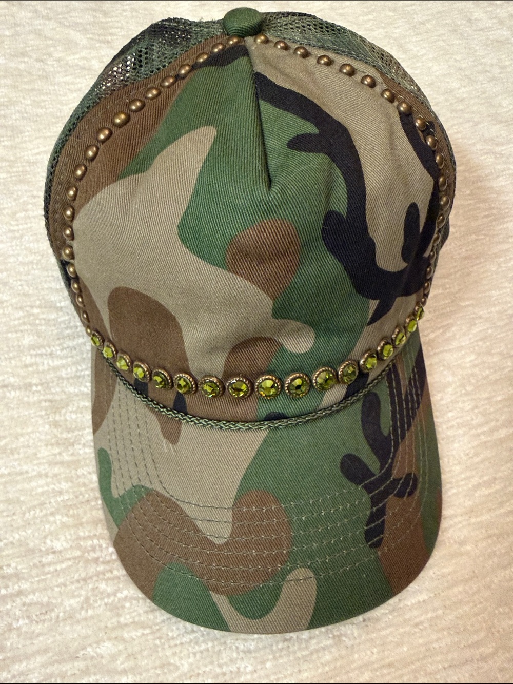 Alternative Apparel Camo Studded Trucker Hat with Lime Rhinestones